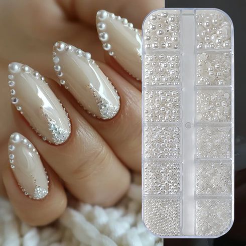 Elegant Round White Pearl Nail Beads and Charms Set for Stunning Nail Art Decoration - 12 Grids of Caviar Beads and Half Round Gems for Fall Season Nails and DIY Nail Designs